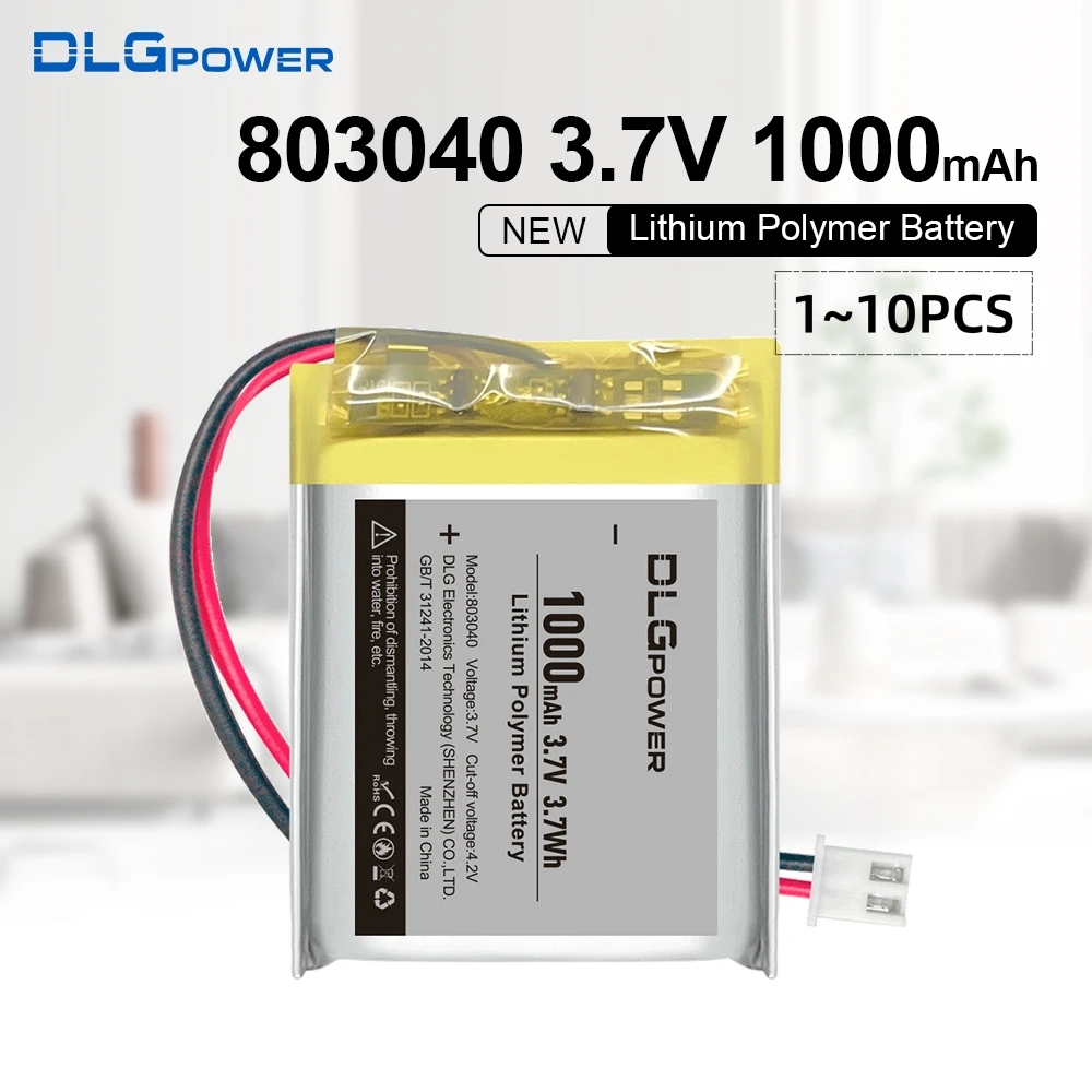 

DLGpower 803040 3.7V Lithium Polymer Battery Pack 1000mAh Bluetooth Audio Toy Amplifier Rechargeable Lithium Ion Battery