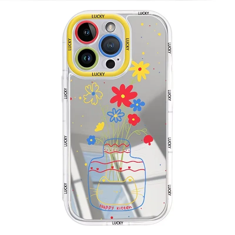 Summer Daisy Cat Vase Design Mirror Phone Case For iPhone 17 13 11 12 14 15 16 Pro Max Plus 17E 16E XR XS 8 7 Plus SE Soft Cover view 6