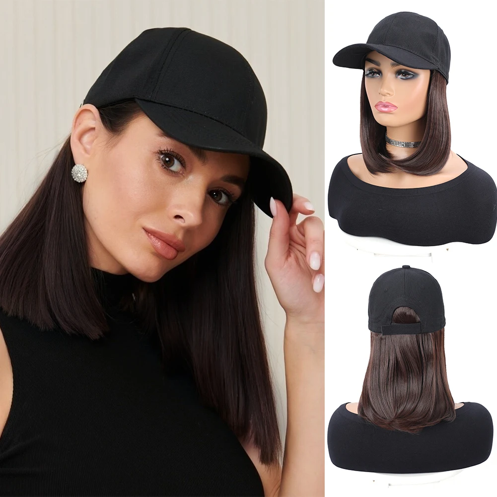 Short Straight Bob Wigs in Hat Adjustable Baseball Cap with Hair Extensions 10 Inch Synthetic Fiber Wigs for Women Girls