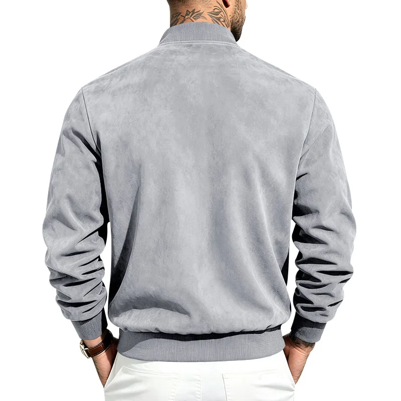 Fall Winter New Men's fashion pure color Casual stand collar Jacket Men's suede fabric Zippered cardigan Loose Long sleeved Coat