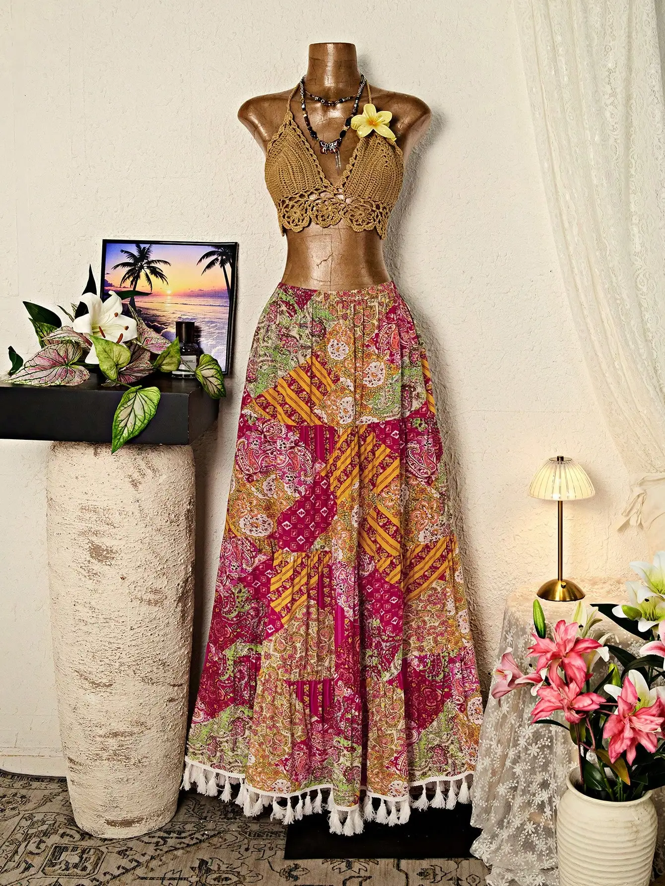 

Elegant Dresses for Woman Boho Floral Print Maxi Skirt with Tassel Hem Elastic Waist Beach Outfits Woman Dresses Luxury