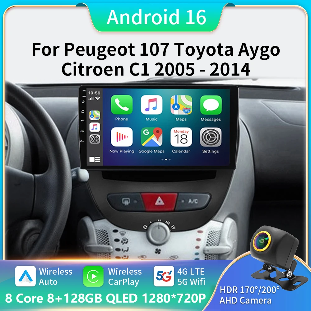 

Автомагнитола на Android 13 для Peugeot 107, Toyota Aygo, Citroen C1 2005-2014, мультимедийный проигрыватель с GPS-навигацией, Авторадио для CarPlay
