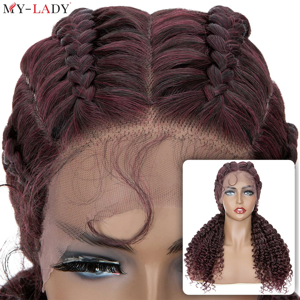 

My-Lady 22inch Synthetic Front Lace Wig Cornrow Braided Wigs Curly Ends Afro Dreadlocks Knotness Dutch Braids Women Daily Use