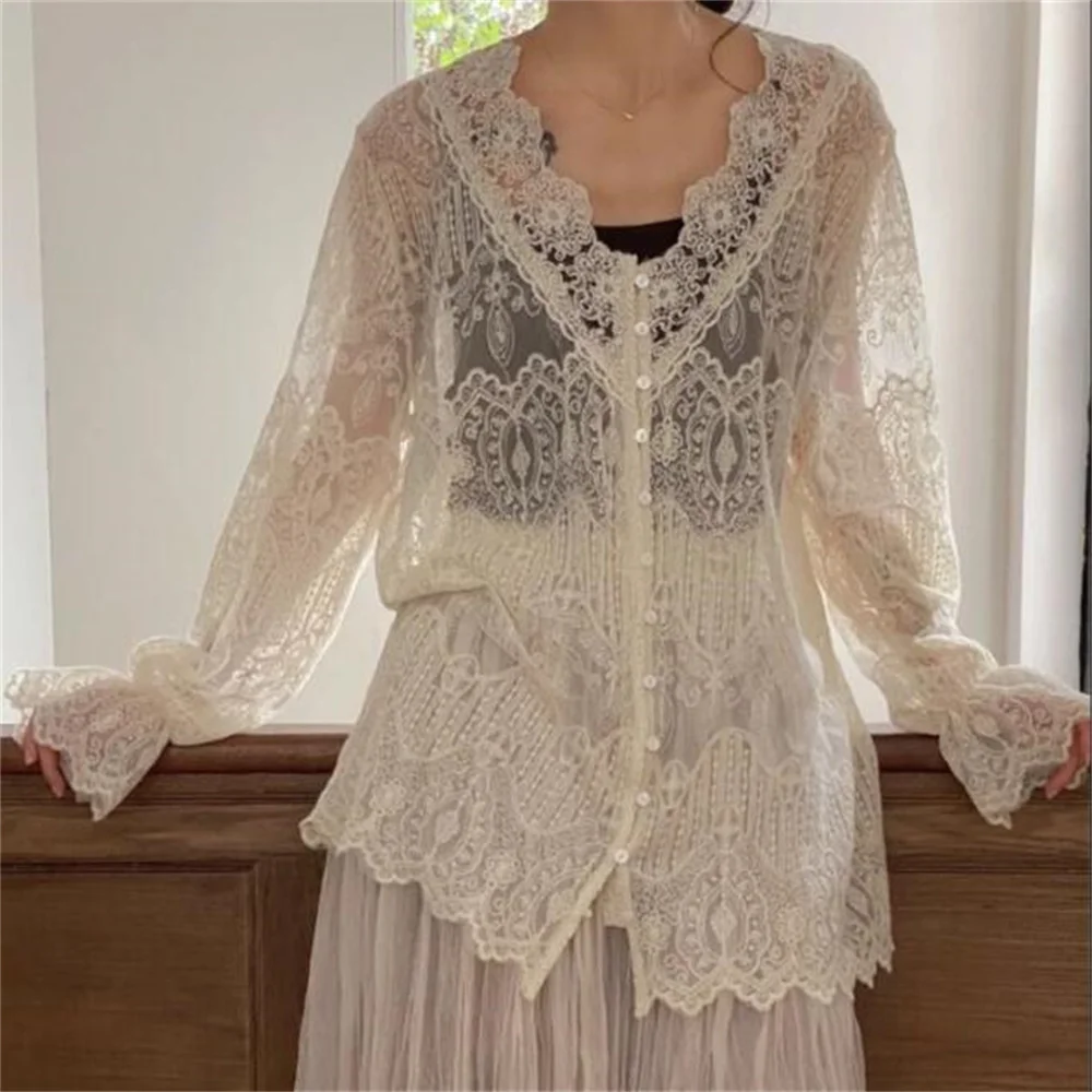 

Women's Beige Transparent Lace Shirt Elegant V-neck Long Sleeve Button-Up Cardigan Boho Style Summer Jacket Cover Up Clothes
