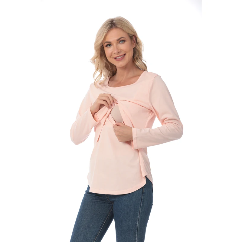Soft Cotton Long Sleeve Maternity Nursing T-shirt Double Layer Hidden Feeding Opening Spring Autumn Casual Breastfeeding Top