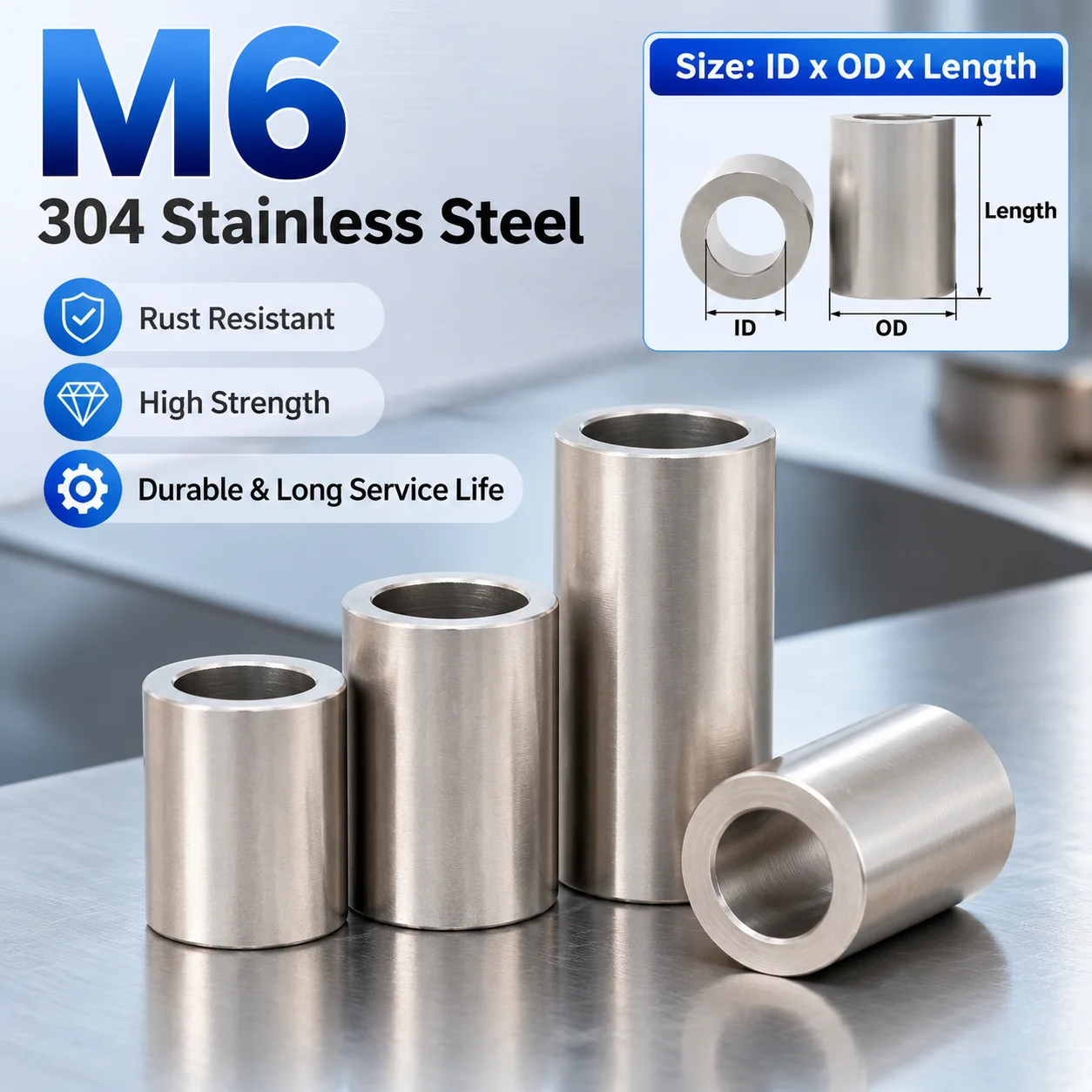 M6 304 Stainless Steel Bushing Washer Round Hollow Unthreaded Standoff Spacer Gasket Sleeve Length 2 3 4 5 6 7 8 9 10-40mm