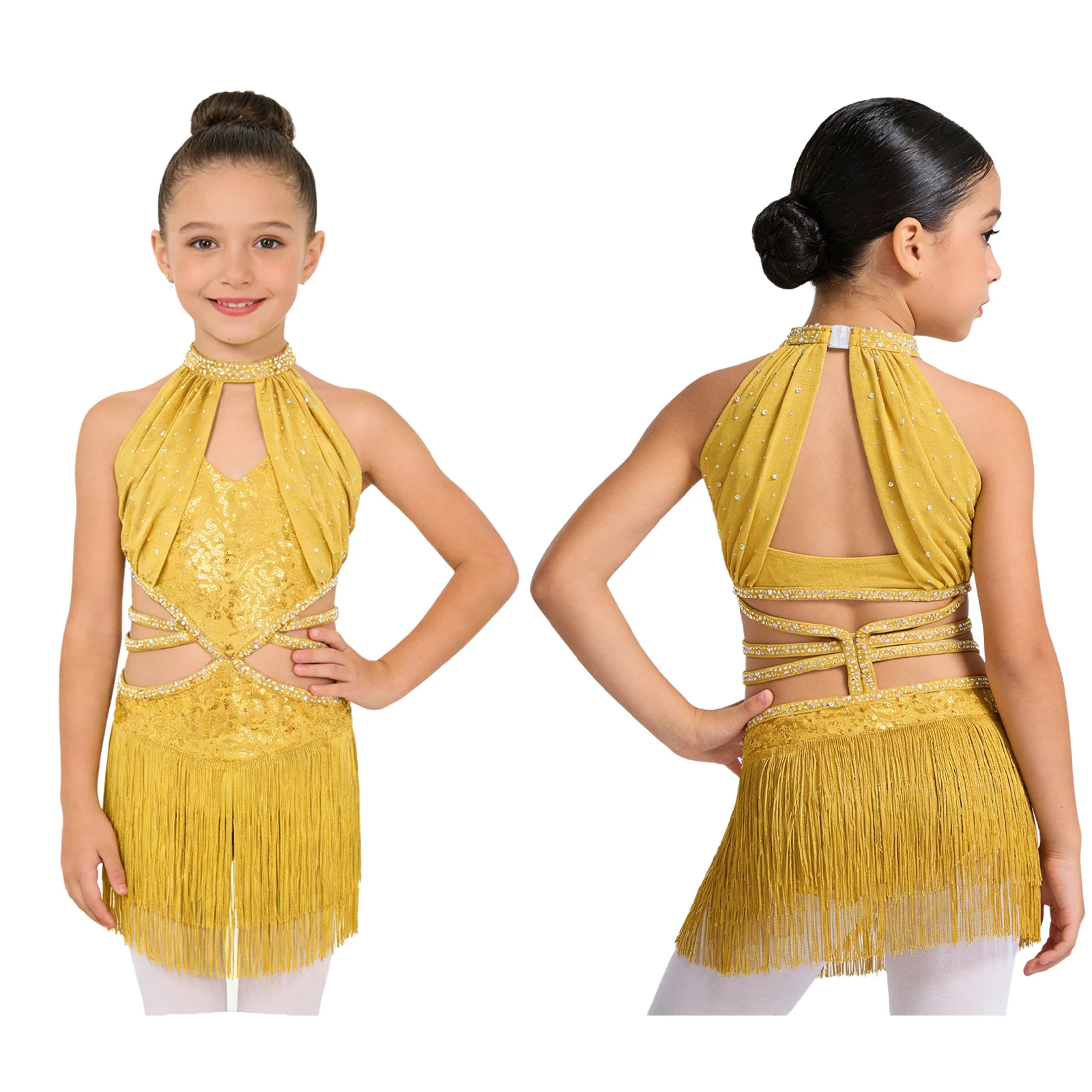 Girls Sequin Latin Jazz Dance Costume Kids Sleeveless Cutout Strappy Waist Tassel Rhinestone Leotard Party Performance Dancewear
