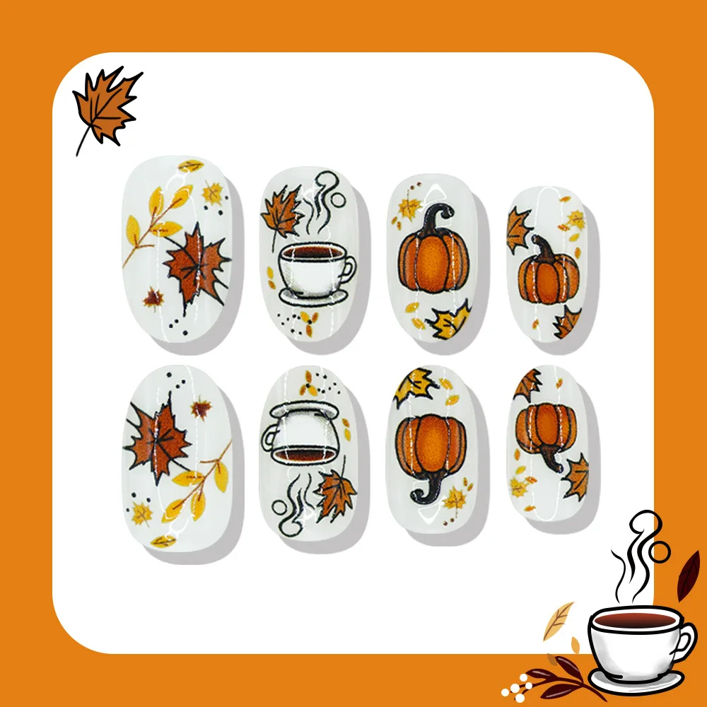 Halloween Press On Nails 24pcs Cute Pumpkin Maple Leaf Fake Nails Autumn False Nail with 1 Jelly Glue and 1 Nail File