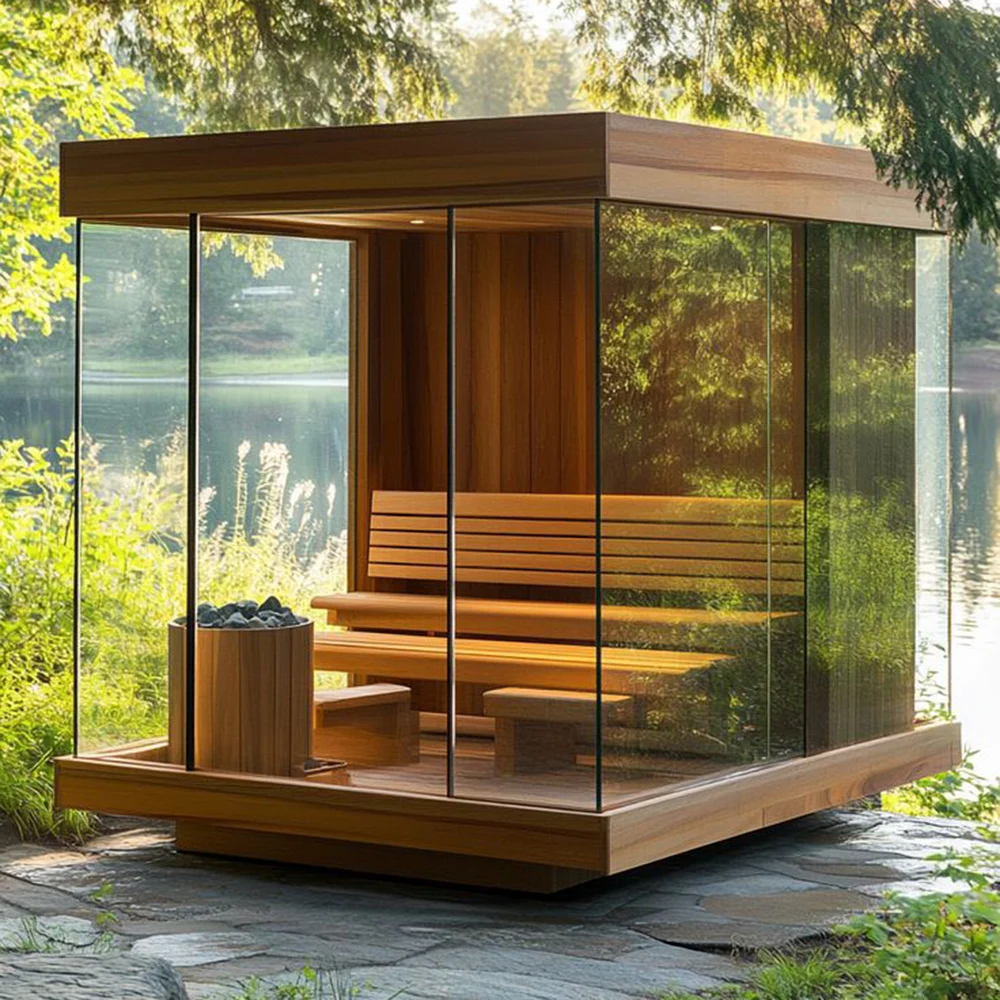 Outdoor SaunaRed Cedar Cube Outdoor Sauna Room For 2-4 People Modern Design Full Set Accessories Electric Steam Control Panel Fo