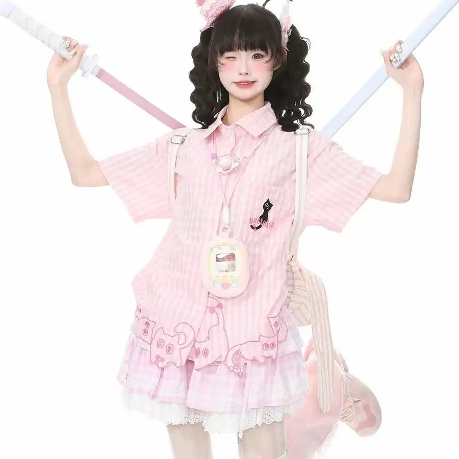 Chic Funny Cute Cat Embroidery Pink Striped Button Down Shirt - Short Sleeve Casual Summer Top Daily Sweet Preppy Style Japanese view 6