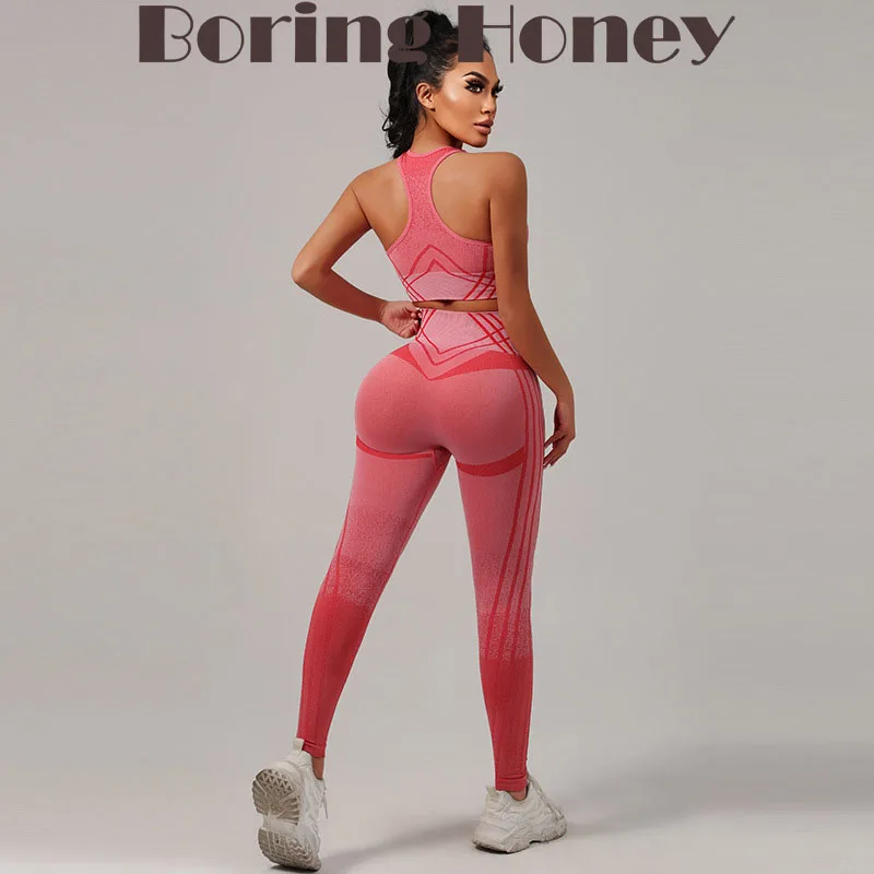 Boring Honey New Seamless Gradient Bra Top With Chest Pad Women Hip High Waist Exercise Fitness Yoga Pants Yoga Running Suit