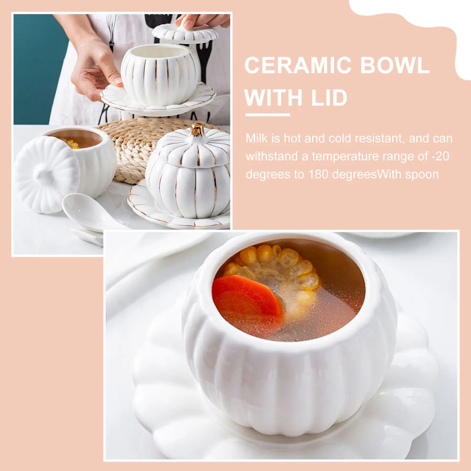 

Набор из 1 керамической суповой миски в форме тыквы с крышкой, пригодной для использования в микроволновой печи, для риса, яичных стейков, десертов, декоративный кухонный гаджет