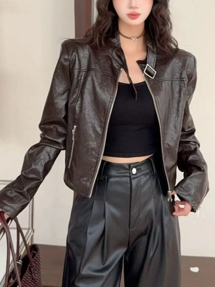 

Lemongor женские модные байкерские куртки из искусственной кожи на молнии с воротником-стойкой и длинными рукавами и карманами, городская повседневная модная верхняя одежда, пальто