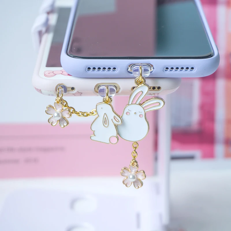 Cute Dust Plug Charm Kawaii White Rabbit Charge Port Plug For iPhone Phone Anti Dust Cap 3.5MM Jack Dust Protection Stopper