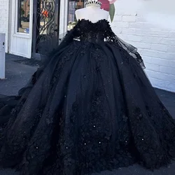 Angelsbridep Customized Black Ball Gown 15 Year Old Quinceanera Dresses Glitter Tulle 3D Appliques Sweet 16 Evening Party Dress