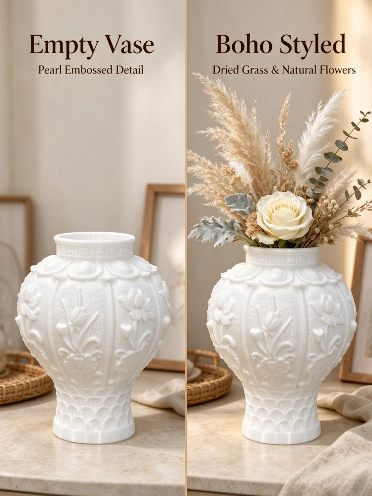 12.5cm Tall Small Desktop Vase, 3D Printed White Petg with Embossed Lotus Pattern, Octagonal Ruyi Design, Spherical Narrow-Mouthed Bohemian Style, Decorative Vessel for Dried Flowers and Pampas Grass, Home Decor for Living Room and Bedroom, Bathroom Shelf and Office Decoration, Small Apartment Arrangement for Wedding Scenes, Shatterproof Lightweight Creative Home Decor Gift - view 6