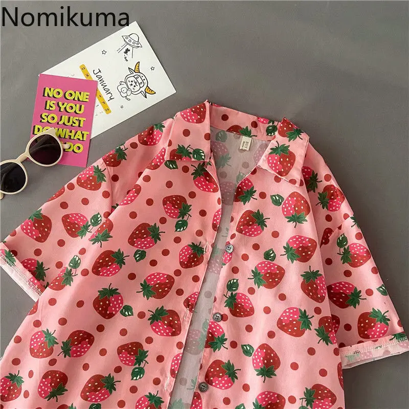 Summer Blouse Strawberry Printed Short Sleeved Shirt for Women