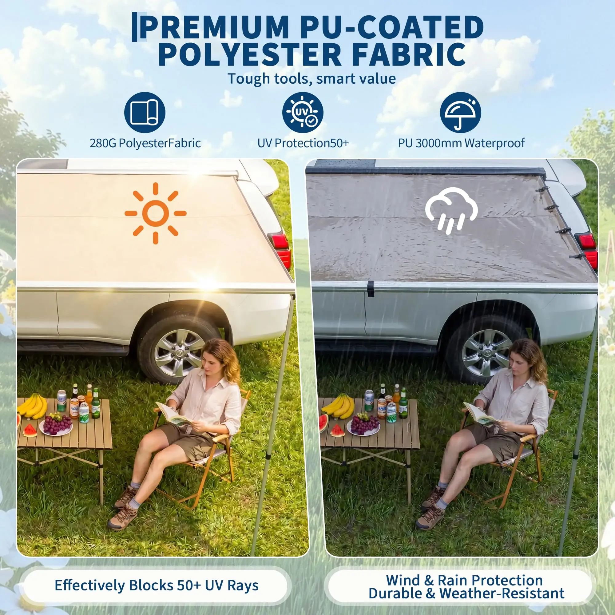 SUV Truck Van Roof Rack Awning - Retractable Side Sun Shade, UV50+ 600D Oxford Waterproof Canopy, Adjustable Aluminum Poles, Outdoor Camping Shelter with Storage Bag view 4