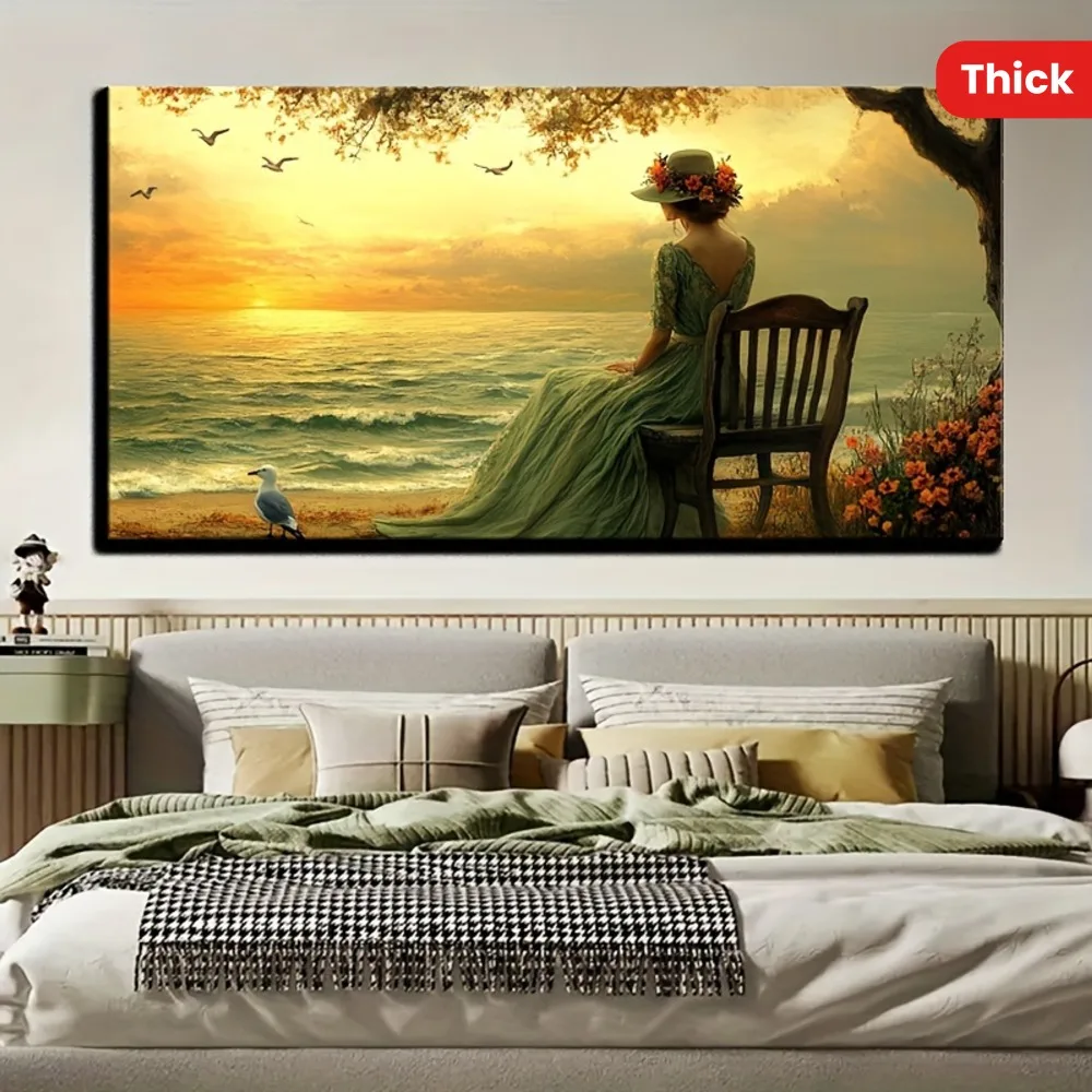 1 canvas painting, wood frame, depicting a peaceful sunset scene by the sea, pine solid wood frame, thickness 1.5 inches