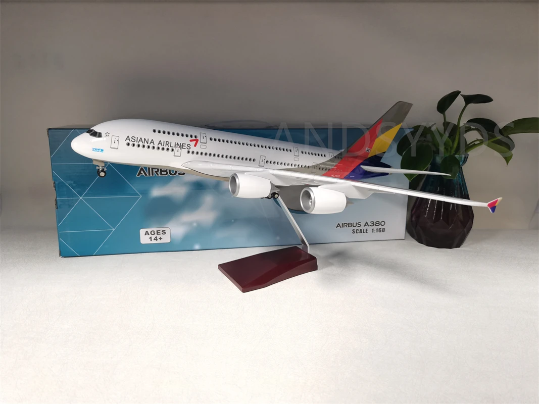 New 46CM 1/160 Scale A380 Korean Airplane ASIANA Airline Model W LED Light and Landing Gear Die Cast Plastic Resin Aircraft