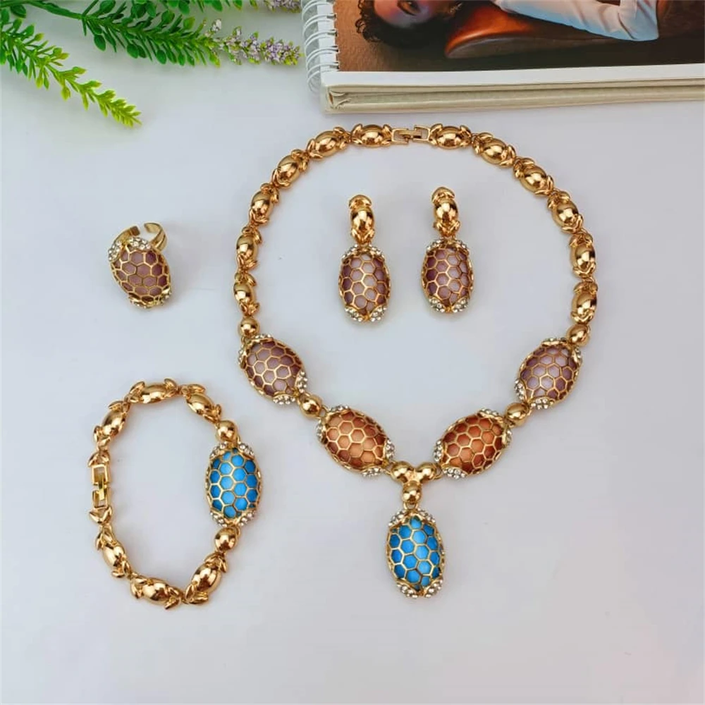 EMMA Promotion Fashion Style Big Stone Gold Color Jewelry Adjustable Ring Earrings Necklace Bracelet Set Bridal Jewelry Set