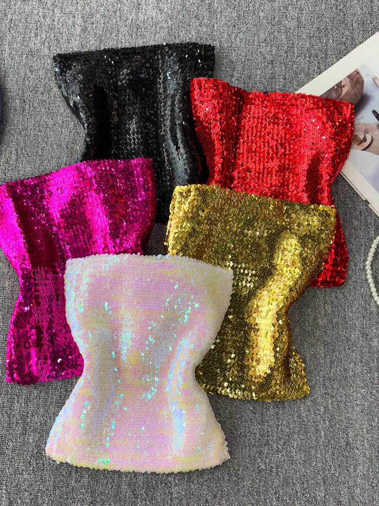 Elastic Slim Fit Sequin Crop Top Women's Performance Outfit Versatile Sexy Pink Commute Style Short Length  Color
