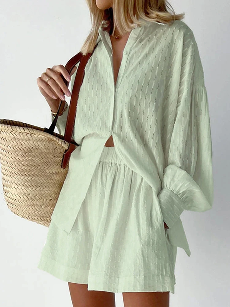 

Elegant Women's Jacquard Blouse with Bubble Sleeves Shorts Set Stylish Solid Color Long Sleeve Casual Workwear Suit