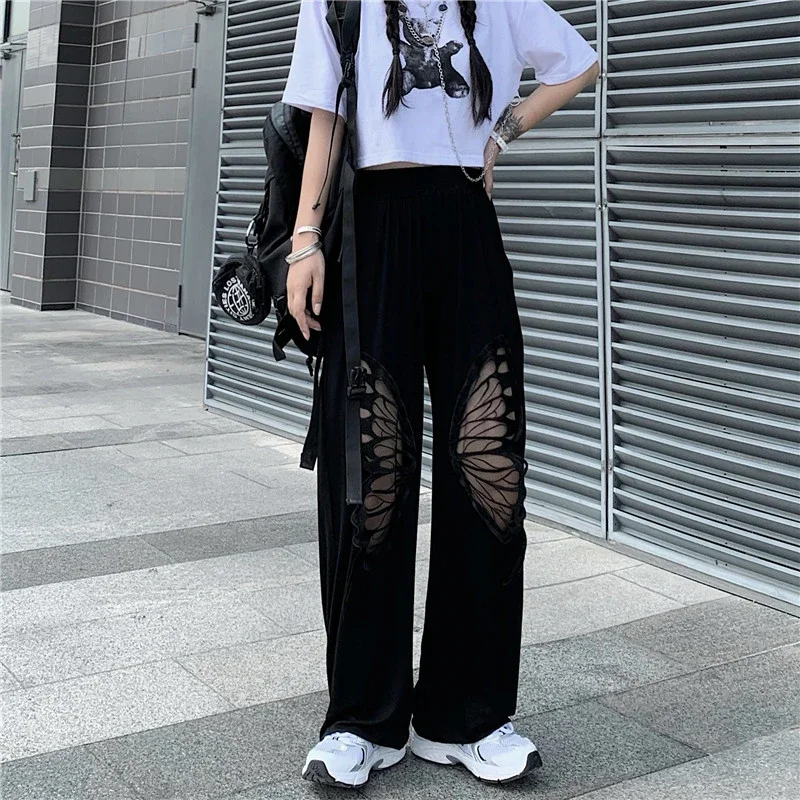 2024 Spring and Autumn High Elastic Waist Black Hollow Butterfly Print Long Harem Pants New Loose Casual Pants Women Fashion