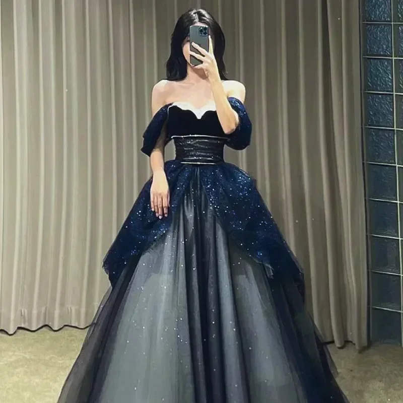 

Slash Collar Slim Waist Strapless Ball Gown Wedding Party Dress Elegant Temperament Prom Robe Aesthetic Bling Evening Dresses