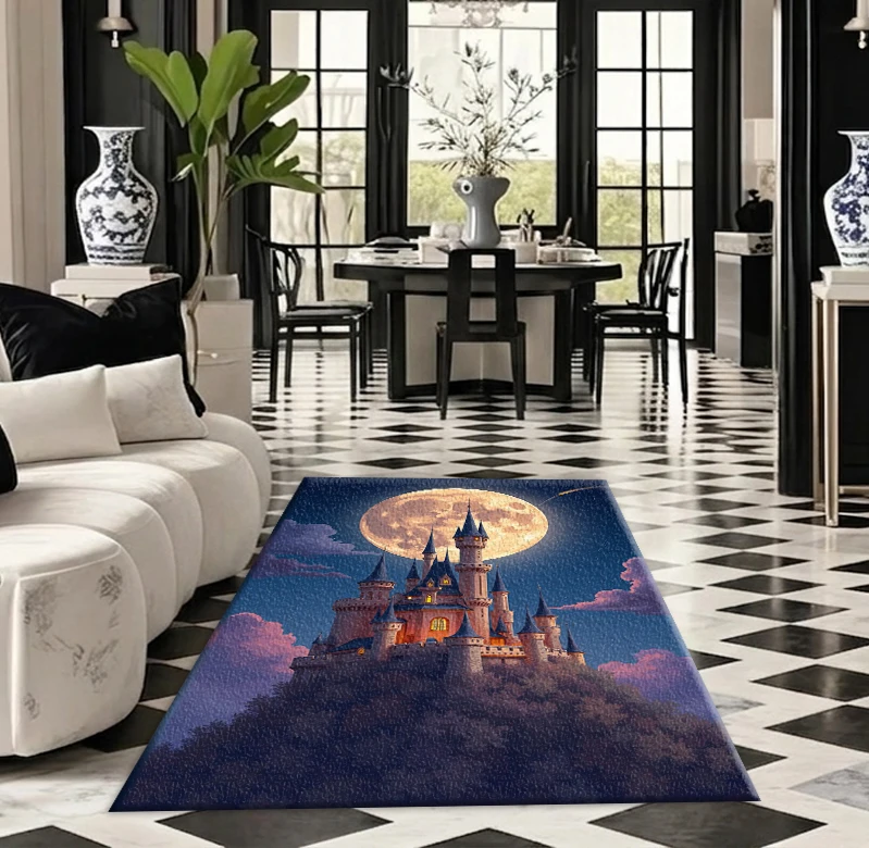 Magic Castle Full Moon Night Sky Carpet Floor Rug Dreamy Fairy Tale Scenery Printed Square Carpet Suitable for Home Art Decoration