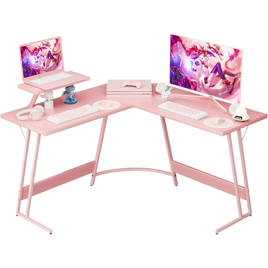 Pink L Shaped Gaming Desk with Large Monitor Stand for Home Office Study and Writing Workstation Spacious Corner Computer Table