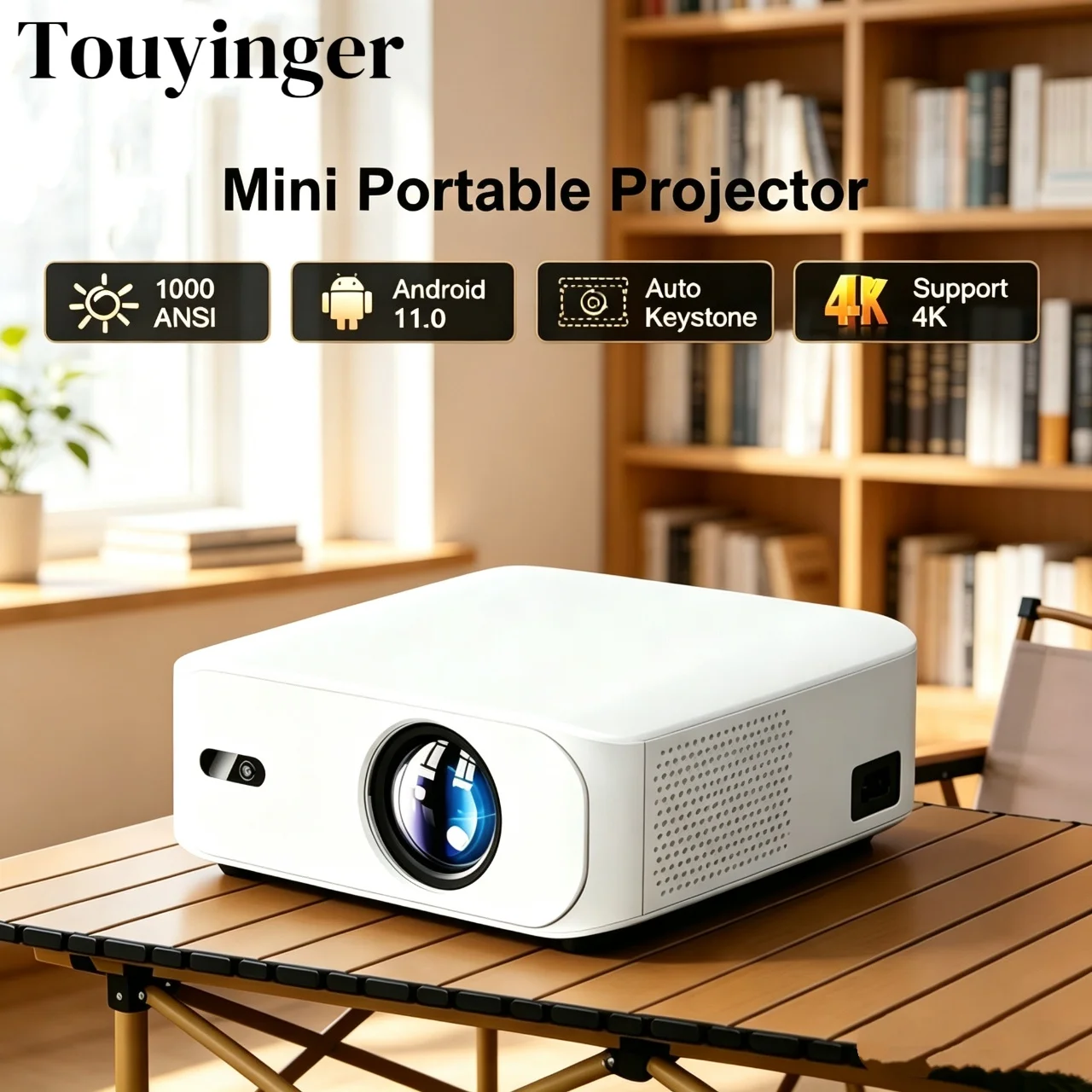 Proyector Mini 4K Ultra Portátil Touyinger L9W 1000 ANSI, Proyector de Video de Grado Cinematográfico Full HD con Conectividad Bluetooth.