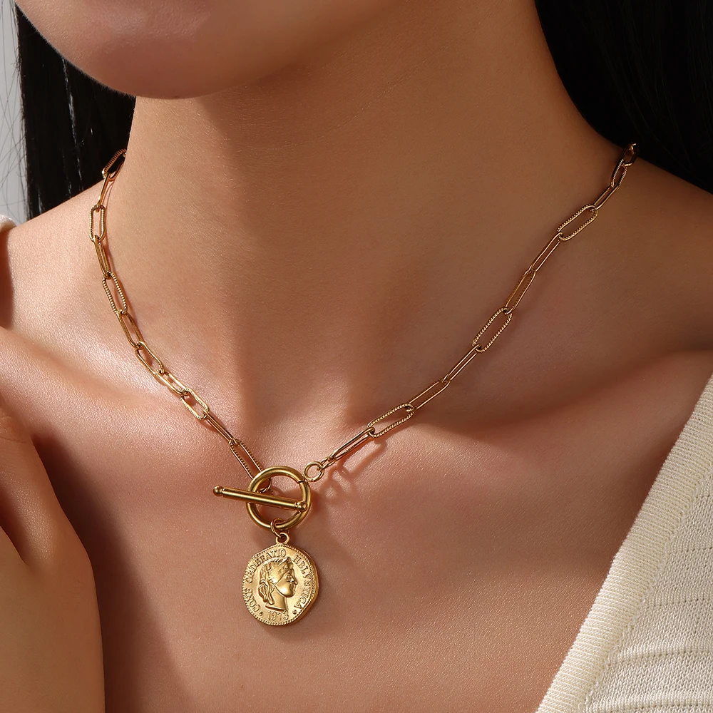 316L الفولاذ المقاوم للصدأ عملة قلادة قلادة للنساء فاسق الذهب اللون جولة سحر سلسلة القلائد مجوهرات