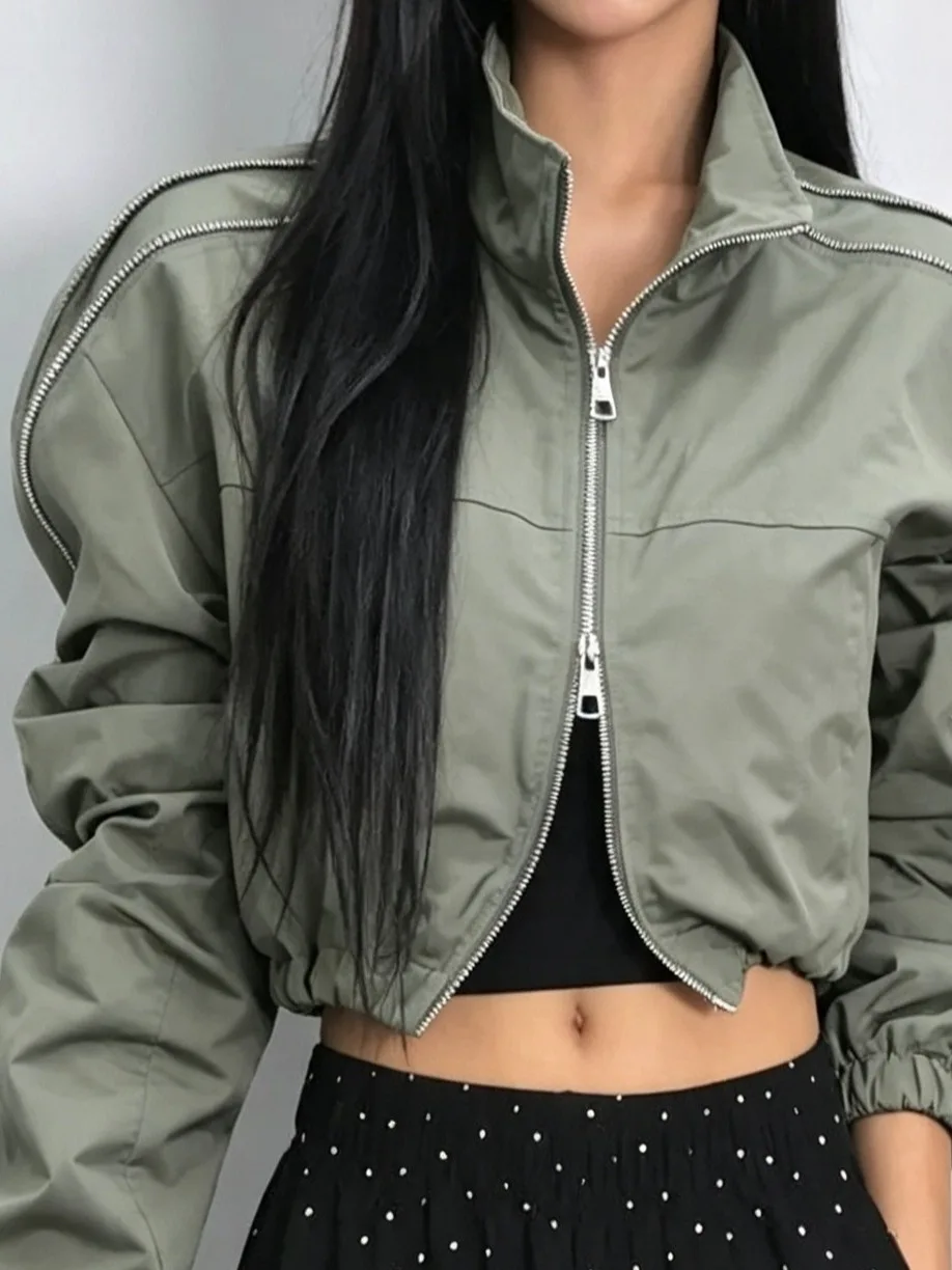 Korean Style Short  Collar Windbreaker Retro Jacket Women's Compact Size Long Sleeve Casual Versatile Zipper Closure Top