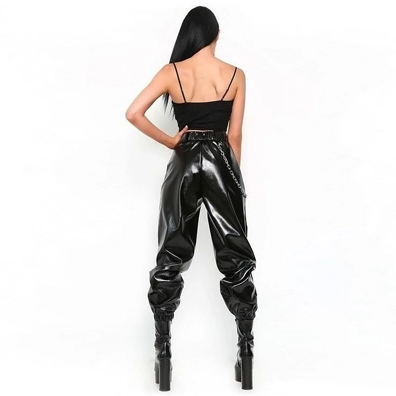 Gothic Shiny Patent Leather Pants Women High Waist Faux Latex Bloomers Pants With Chain Loose Joggers Trousers Clubwear Custom