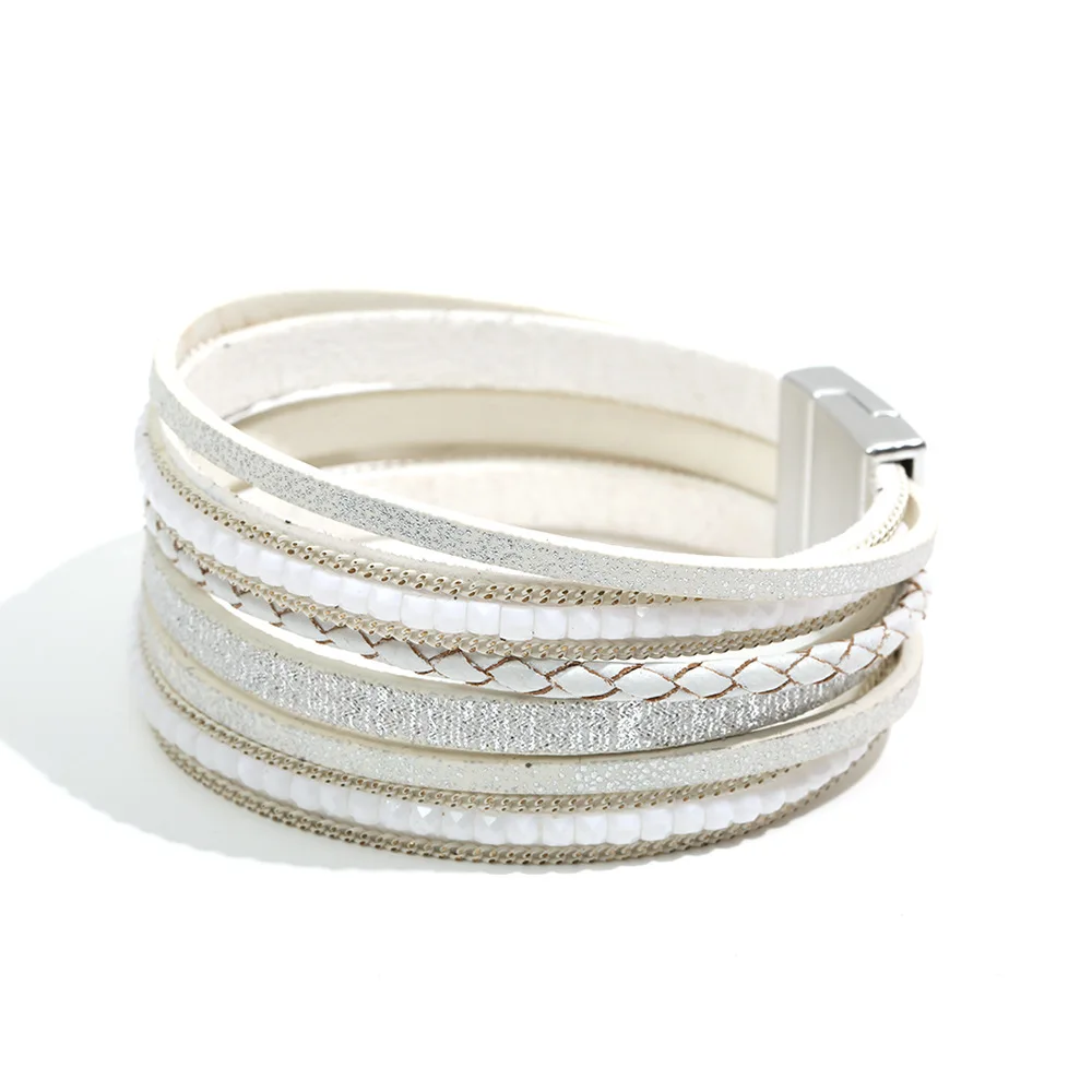 Woman Multi-layer Leather Wrapped Bracelets Crystals Bead Cuff Bracelet West Asian Style Girl Fashion Jewelry Birthday Gift