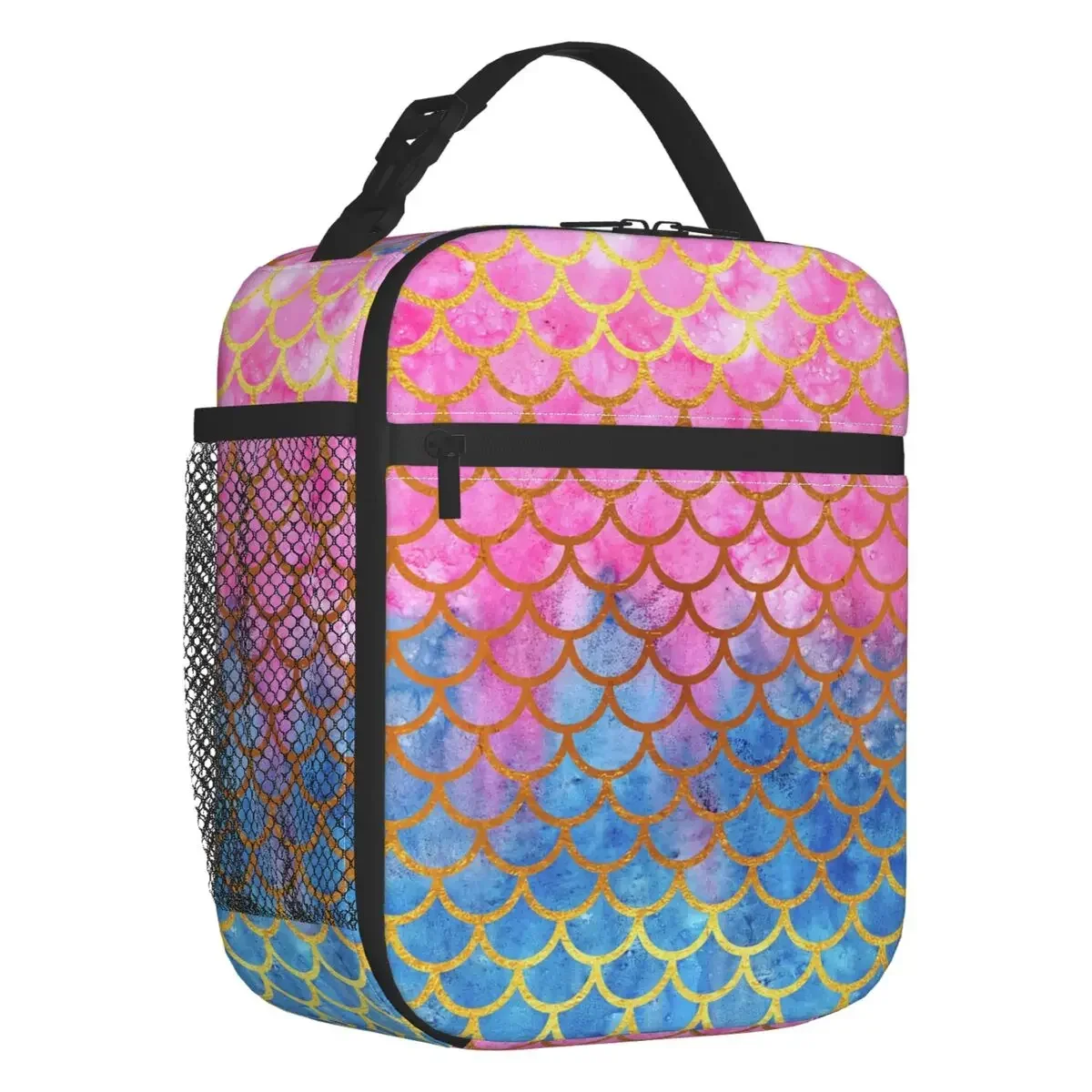 Pink Blue Mermaid Scales Thermal Insulated Lunch Bags Women Portable Lunch Container for Work Travel Multifunction Food Box