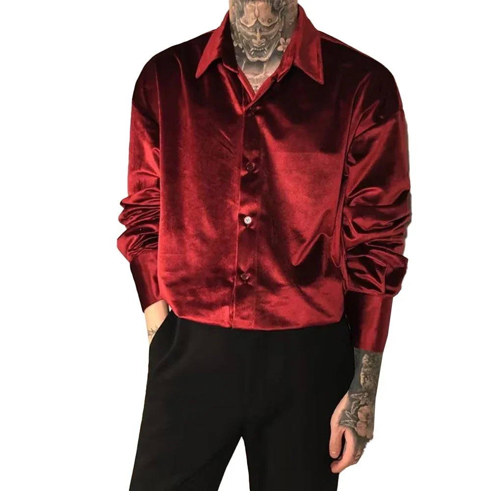 Men 70s Retro Velvet Long Sleeve Blouse Button Down Shirts Tops Loose Fit Band Collar Black/Wine Red Casual Party T Dress Up