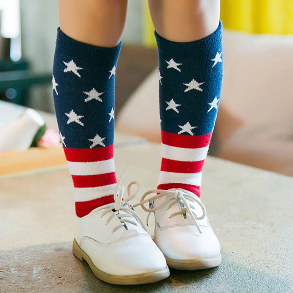 1Set Independence Day Kids Mid-Calf Socks Comfortable Elastic Cotton Socks for Children Breathable Skin-Friendly American Flag