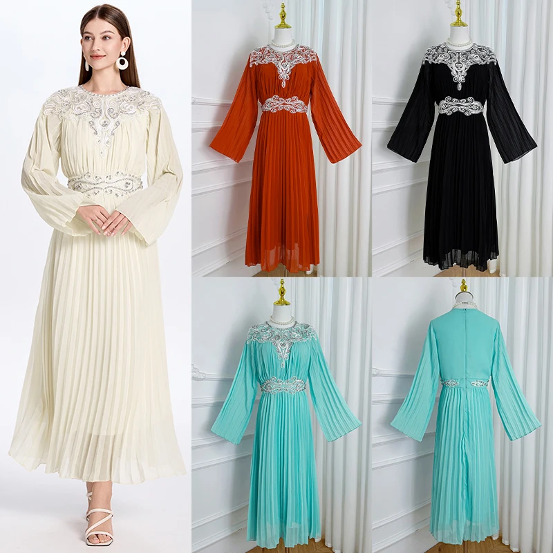 

Spring Summer Long Sleeve Luxury Formal Evening Dress Women's O-Neck Crystal Pearl Embroidery Birthday Prom Dresses Party
