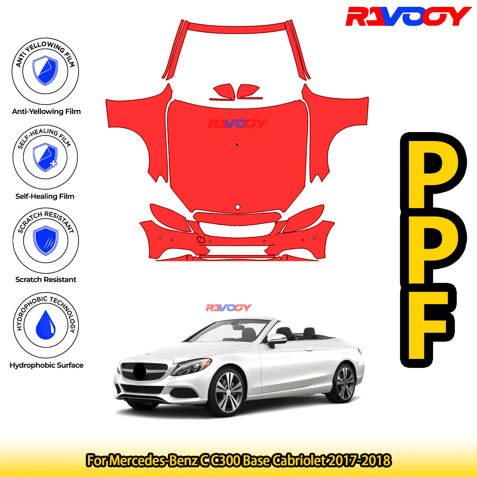 

For Mercedes-Benz C C300 Base Cabriolet 2017-2018 Glossy Matte Black Precut front PPF Kit Paint Protection Film