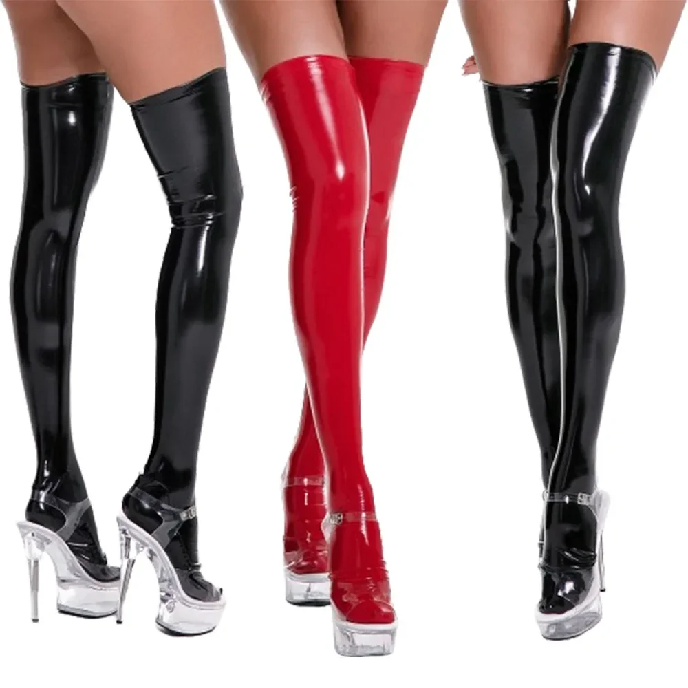 Sexy Wet Look Stockings Women Faux Leather Black Red PU High Stocking Ladies Faux Leather Long Knee Socks Fetish High Knee Socks