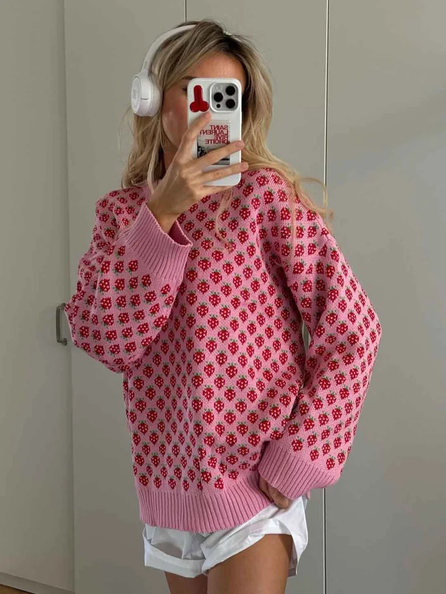 Bornladies Women's Autumn Winter O-Neck Knit Pullover Soft Strawberry Print Oversized Loose Fit Cozy Casual Sweater