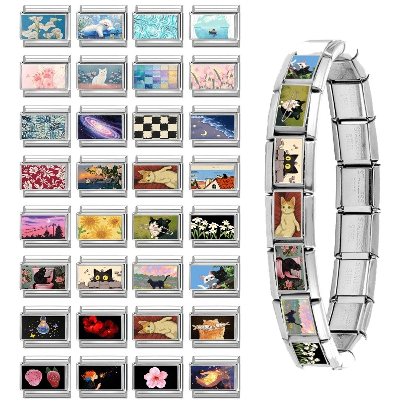 Floral Print Beautiful scenery Cats Sky Sea Tree Lotus Italian Charm Links Fit 9MM Stainless Steel Bracelet DIY Making Jewelry