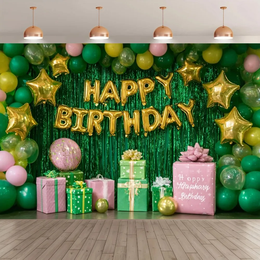 

Green and gold themed birthday party banner Backdrop, balloon gifts, star decorations, children birthday party shooting Backdrop