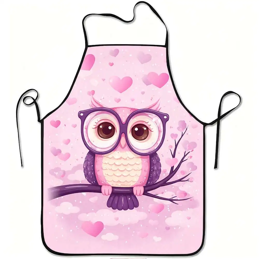 1pc Cute Pink Owl and Heart Print Apron, Durable and Easy to Clean, Adjustable Waistband, Polyester Material, for Kitchen Cookin