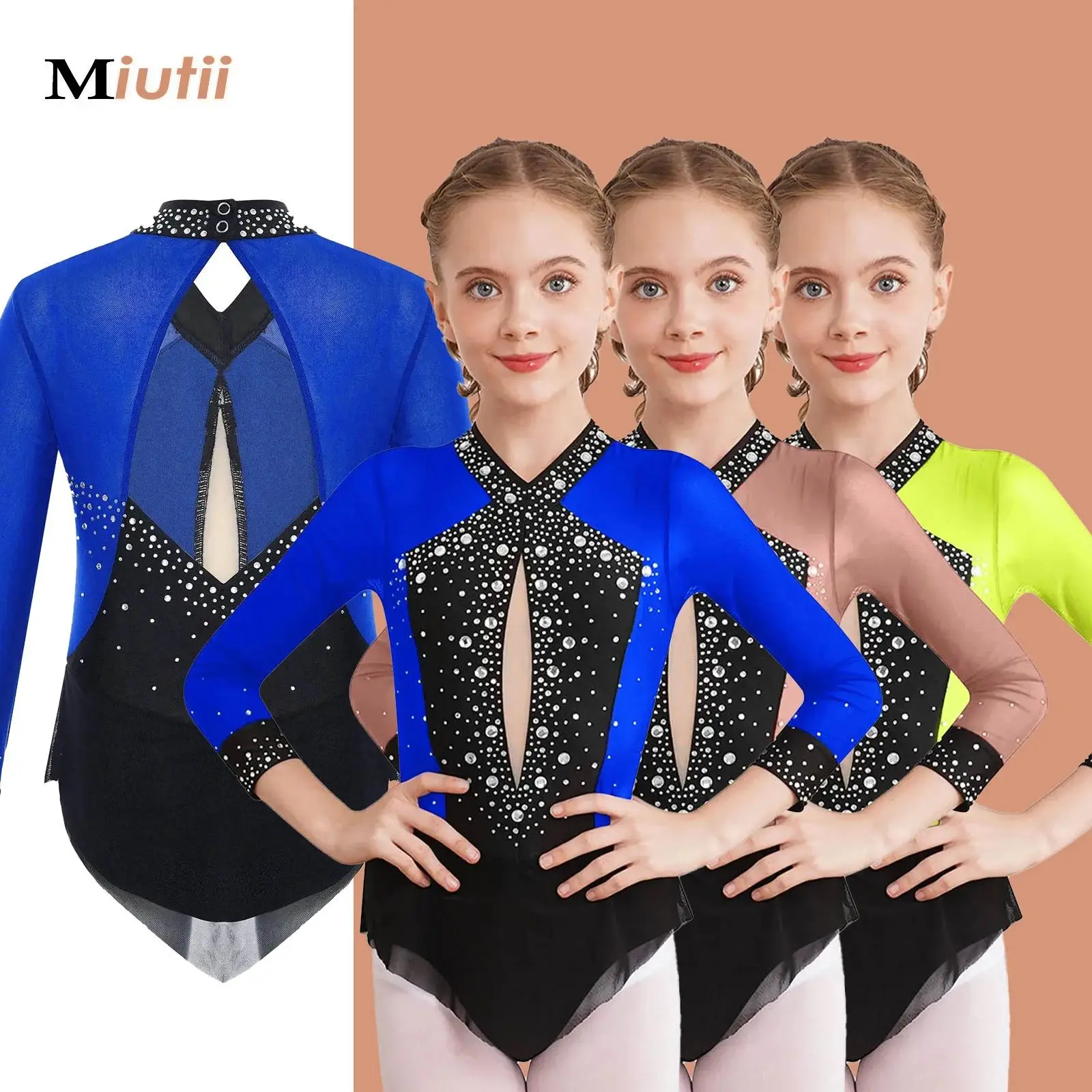 

Kids Girls Sparkly Rhythmic Gymnastics Leotards Sheer Mesh Patchwork Skirted Bodysuit for Figure Skating Competition Dancewear