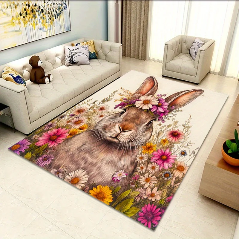 1pc Rabbit Printed Area Rug, Polyester Crystal Velvet, Machine Washable, Versatile for Entryway, Bedroom, Living Room, Game Room