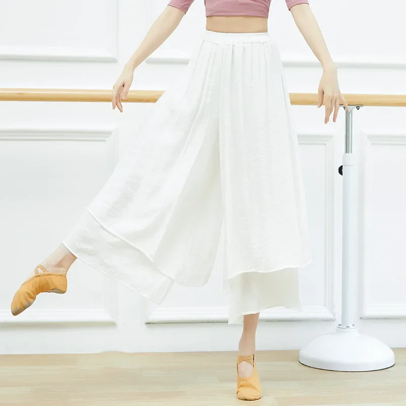 Chiński taniec ludowy Klasyczne spodnie do tańca Kobiety Luźne spodnie z szerokimi nogawkami 2 warstwy Fairy Body Rhyme Dancewear Side Split Plus Size