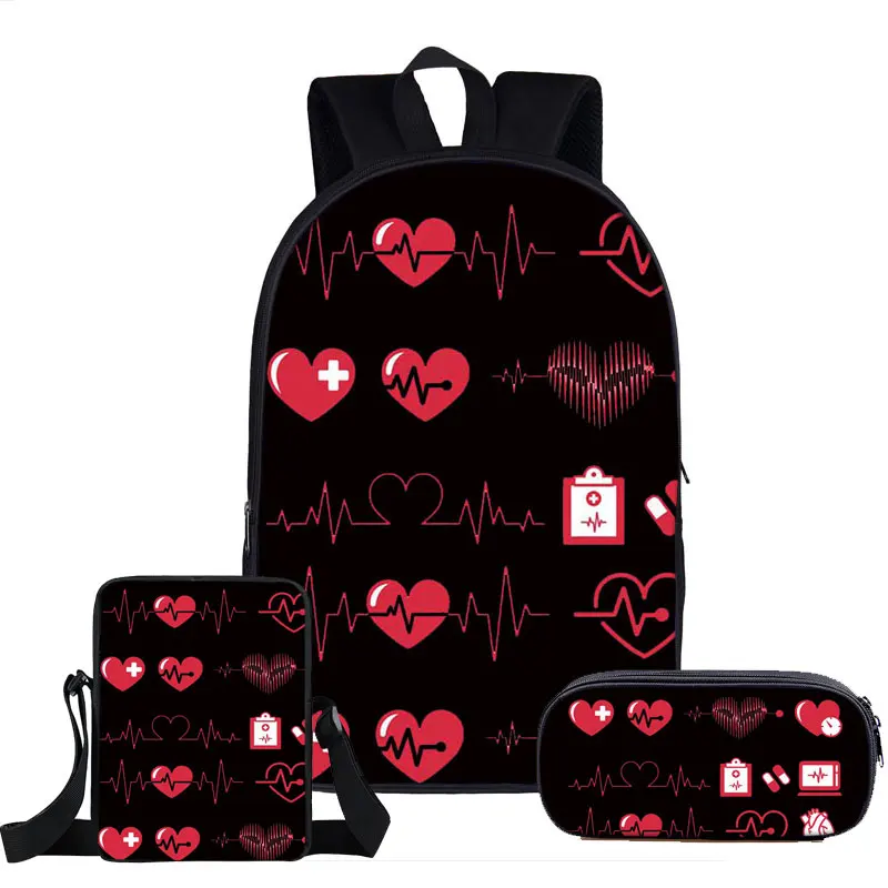 Classic Popular Nurse Heart 3D Print 3pcs/Set pupil School Bags Laptop Daypack Backpack Inclined shoulder bag Pencil Case